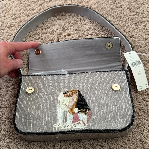 NWT new flaw Anthropologie Maeve Fiona beaded bag beagle dog gray embroidered - Picture 6 of 16